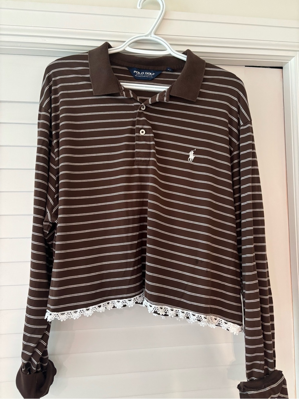Upcycled Polo brown and white striped cropped shirt Size XL